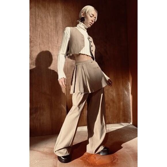 Zara Tan Brown Pinstriped Box Pleated Mini Skirt with Pocket Size XL - Picture 2 of 12